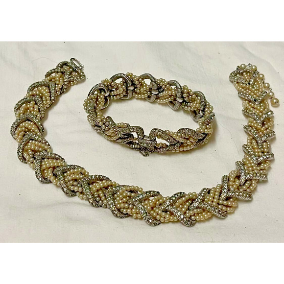 Vintage CINER Silver Tone Pearl Rhinestone Necklace and Bracelet Set